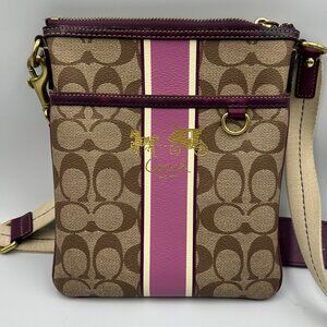 Coach Signature Stripe Crossbody Bag Brown Pink Trim Adjustable Strap 41684